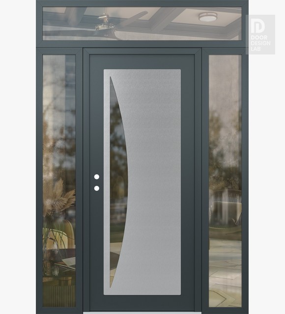 Modern Steel Front Door Diamond C13 64" x 96" anthracite/anthracite clear Glass Panel stainless steel RHI with 2 Sidelites and Transom clear Glass
