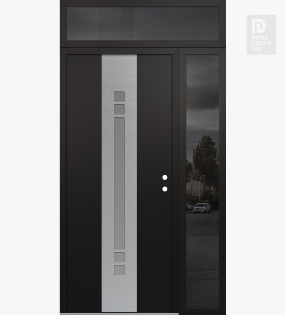Modern Steel Front Door DIAMOND A4 48" X 96" BLACK/WHITE FROSTED GLASS PANEL STAINLESS STEEL LHI WITH SIDELITE AND TRANSOM MIRRORED GLASS