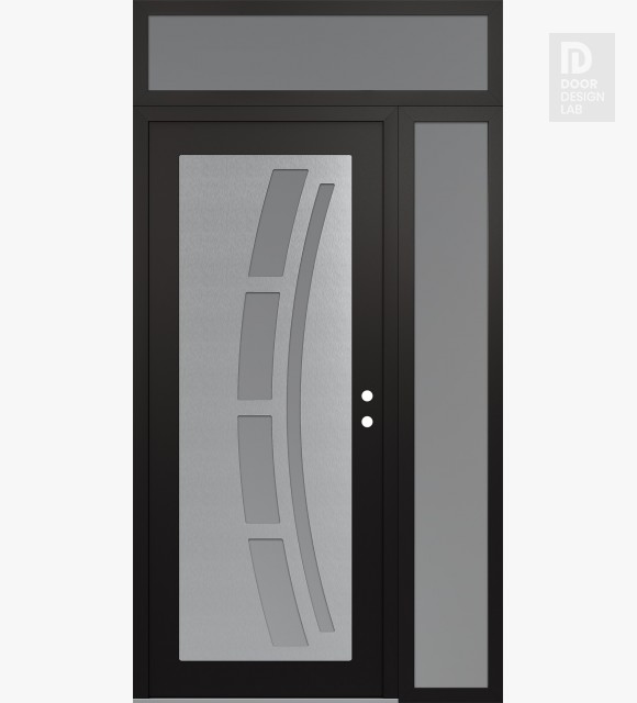 Modern Steel Front Door Diamond C12 52" x 96" black/white frosted Glass Panel stainless steel LHI with Sidelite and Transom frosted Glass