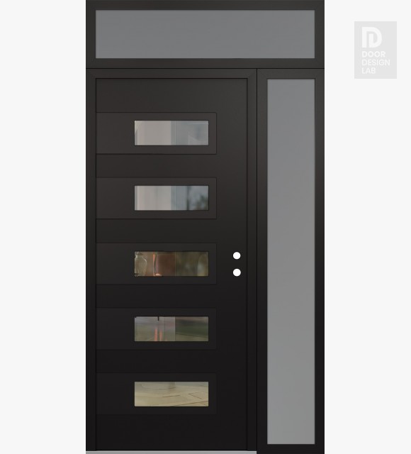 Modern Steel Front Door Diamond D3 48" x 96" black/black clear Glass Panel black LHI with Sidelite and Transom frosted Glass