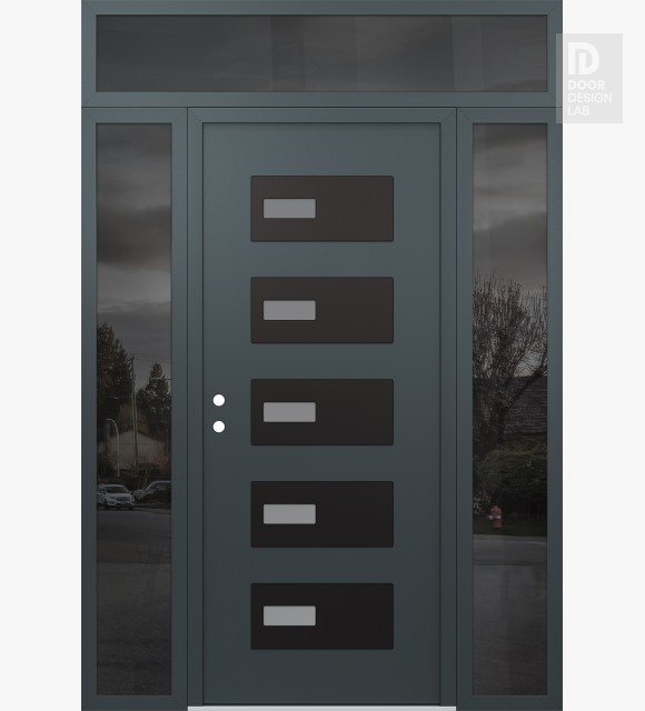 Modern Steel Front Door Diamond D7 60" x 96" anthracite/anthracite frosted Glass Panel black RHI with 2 Sidelites and Transom mirrored Glass