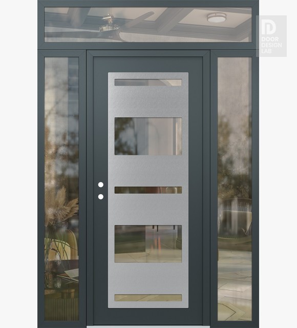 Modern Steel Front Door Diamond C10 60" x 96" anthracite/anthracite clear Glass Panel stainless steel RHI with 2 Sidelites and Transom clear Glass
