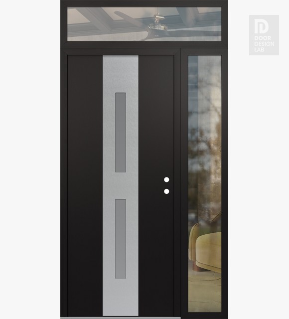 Modern Steel Front Door DIAMOND A6 52" X 96" BLACK/WHITE FROSTED GLASS PANEL STAINLESS STEEL LHI WITH SIDELITE AND TRANSOM CLEAR GLASS