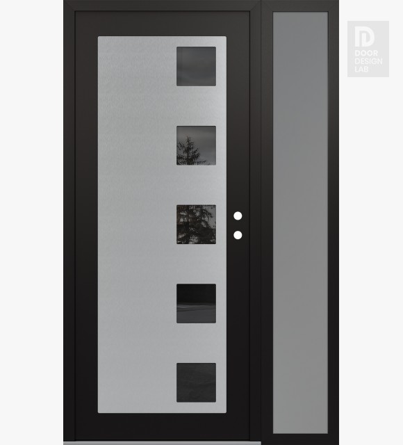 Modern Steel Front Door Diamond C5 52" x 80" black/black mirrored Glass Panel stainless steel LHI with Sidelite frosted Glass