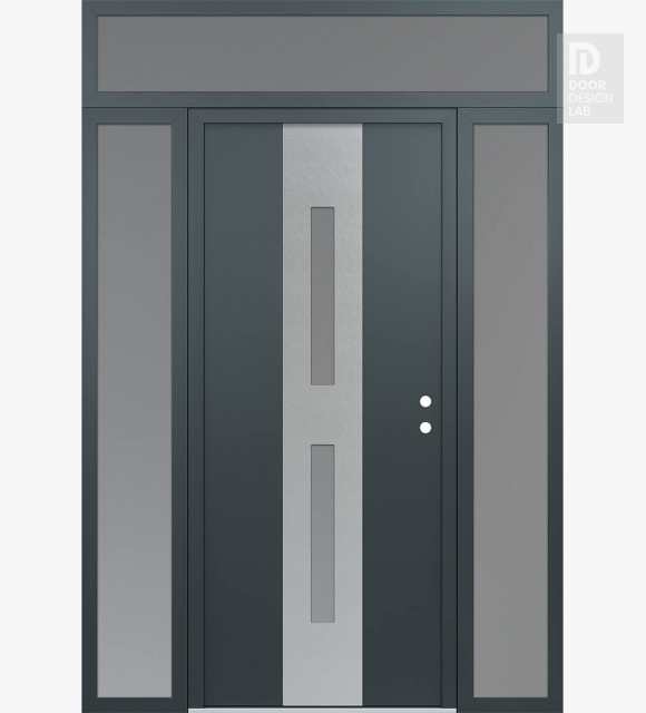 Modern Steel Front Door DIAMOND A6 60" X 96" ANTHRACITE/ANTHRACITE FROSTED GLASS PANEL STAINLESS STEEL LHI WITH 2 SIDELITES AND TRANSOM FROSTED GLASS