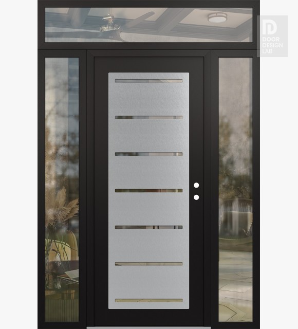 Modern Steel Front Door Diamond C11 60" x 96" black/black clear Glass Panel stainless steel LHI with 2 Sidelites and Transom clear Glass
