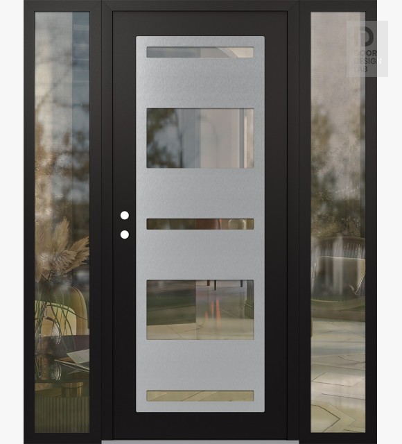 Modern Steel Front Door Diamond C10 68" x 80" black/black clear Glass Panel stainless steel RHI with 2 Sidelites clear Glass