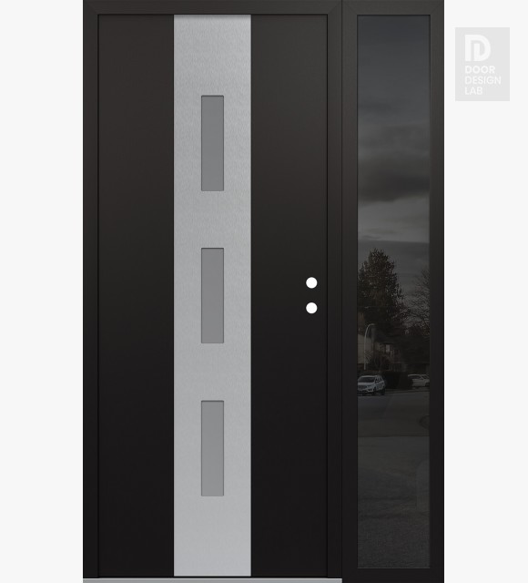 Modern Steel Front Door DIAMOND A7 50" X 80" BLACK/WHITE FROSTED GLASS PANEL STAINLESS STEEL LHI WITH SIDELITE MIRRORED GLASS