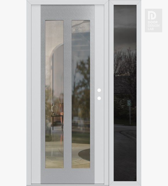 Modern Steel Front Door Diamond C14 52" x 80" white/white clear Glass Panel stainless steel LHI with Sidelite mirrored Glass