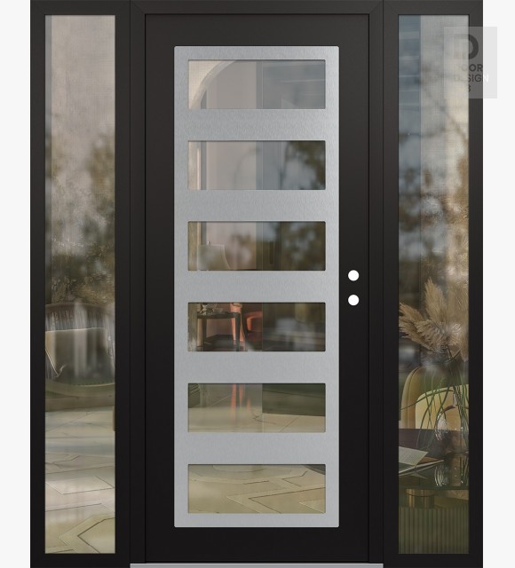 Modern Steel Front Door Diamond C9 68" x 80" black/black clear Glass Panel stainless steel LHI with 2 Sidelites clear Glass