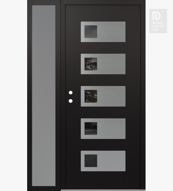 Modern Steel Front Door Diamond D2 48" x 80" black/black mirrored Glass Panel stainless steel RHI with Sidelite frosted Glass
