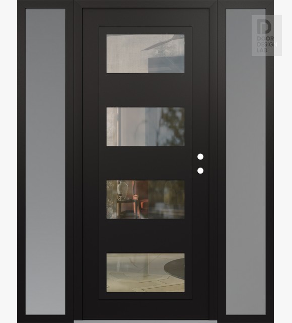 Modern Steel Front Door Diamond C2 64" x 80" black/black clear Glass Panel black LHI with 2 Sidelites frosted Glass