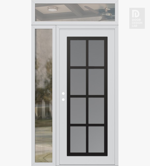 Modern Steel Front Door Diamond C16 48" x 96" white/white frosted Glass Panel black RHI with Sidelite and Transom clear Glass
