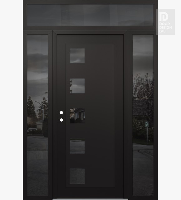 Modern Steel Front Door Diamond C5 64" x 96" black/black mirrored Glass Panel black RHI with 2 Sidelites and Transom mirrored Glass
