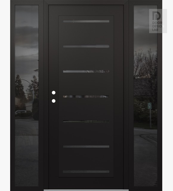 Modern Steel Front Door Diamond C11 60" x 80" black/black mirrored Glass Panel black RHI with 2 Sidelites mirrored Glass