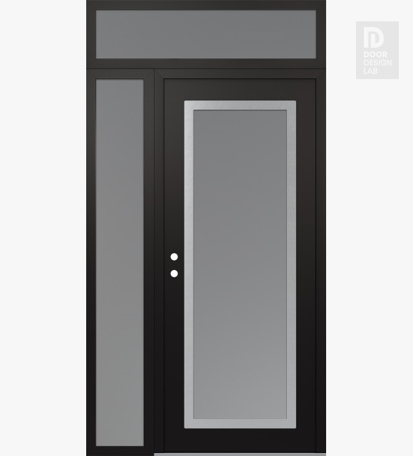 Modern Steel Front Door Diamond C1 52" x 96" black/white frosted Glass Panel stainless steel RHI with Sidelite and Transom frosted Glass