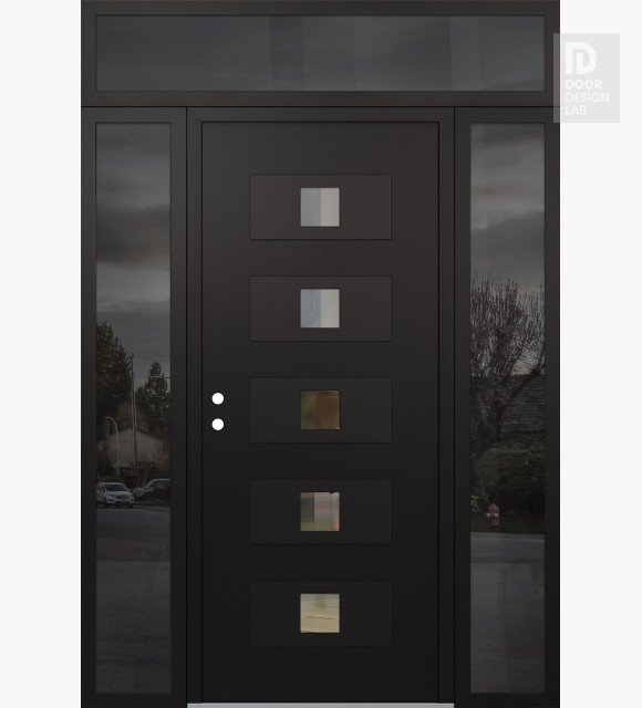 Modern Steel Front Door Diamond D8 64" x 96" black/black clear Glass Panel black RHI with 2 Sidelites and Transom mirrored Glass
