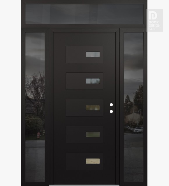 Modern Steel Front Door Diamond D7 68" x 96" black/black clear Glass Panel black LHI with 2 Sidelites and Transom mirrored Glass