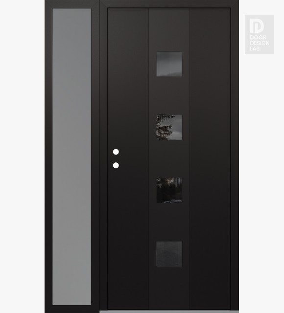 Modern Steel Front Door DIAMOND A12 48" X 80" BLACK/BLACK MIRRORED GLASS PANEL BLACK RHI WITH SIDELITE FROSTED GLASS