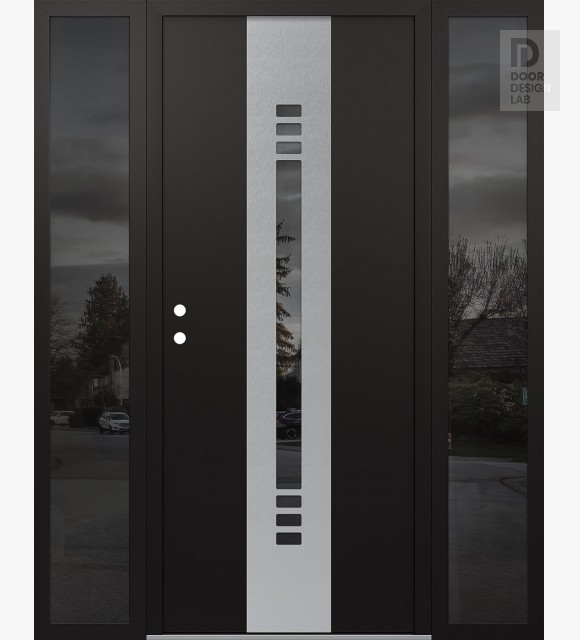 Modern Steel Front Door DIAMOND A5 64" X 80" BLACK/BLACK MIRRORED GLASS PANEL STAINLESS STEEL RHI WITH 2 SIDELITES MIRRORED GLASS
