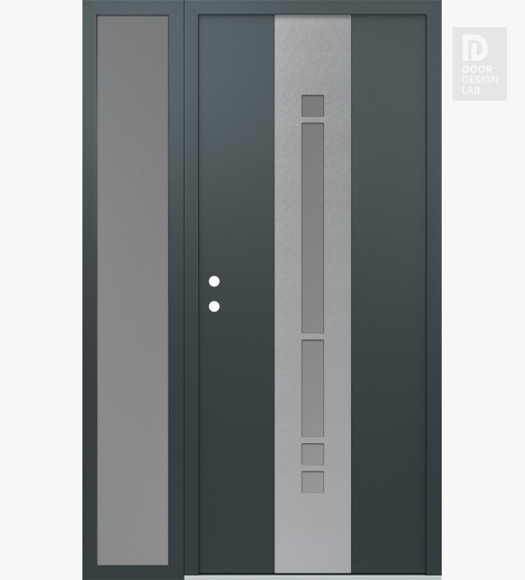 Modern Steel Front Door DIAMOND A3 50" X 80" ANTHRACITE/ANTHRACITE FROSTED GLASS PANEL STAINLESS STEEL RHI WITH SIDELITE FROSTED GLASS