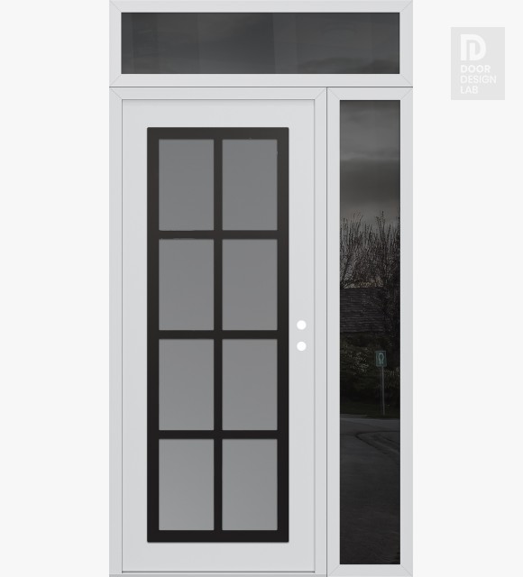 Modern Steel Front Door Diamond C16 50" x 96" white/white frosted Glass Panel black LHI with Sidelite and Transom mirrored Glass