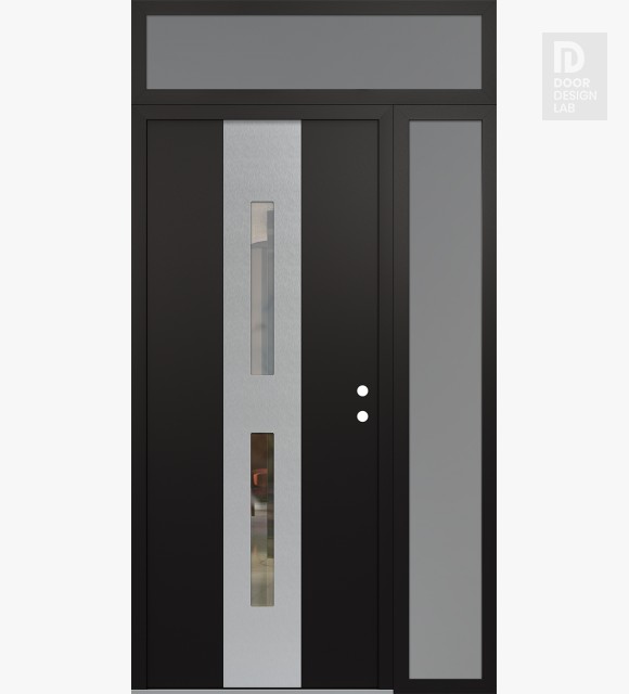 Modern Steel Front Door DIAMOND A6 52" X 96" BLACK/BLACK CLEAR GLASS PANEL STAINLESS STEEL LHI WITH SIDELITE AND TRANSOM FROSTED GLASS