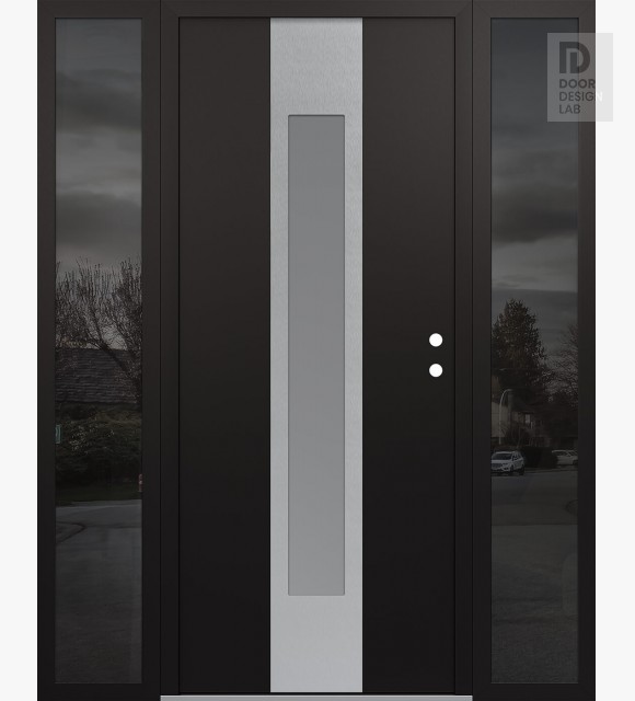 Modern Steel Front Door DIAMOND A1 64" X 80" BLACK/WHITE FROSTED GLASS PANEL STAINLESS STEEL LHI WITH 2 SIDELITES MIRRORED GLASS