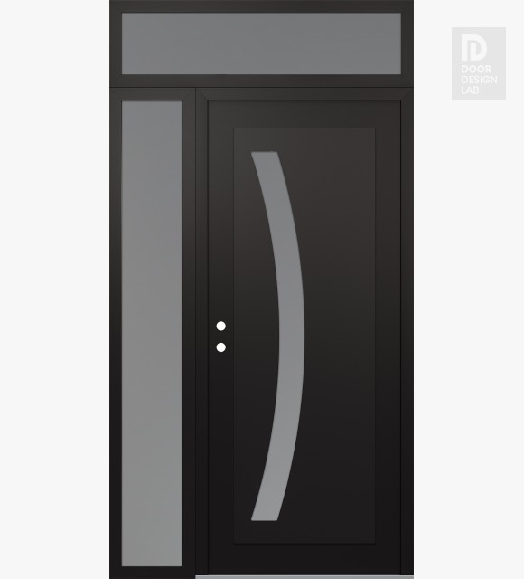 Modern Steel Front Door Diamond C4 52" x 96" black/white frosted Glass Panel black RHI with Sidelite and Transom frosted Glass
