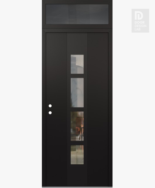 Modern Steel Front Door DIAMOND A10 36" X 96" BLACK/BLACK CLEAR GLASS PANEL BLACK RHI WITH TRANSOM MIRRORED GLASS