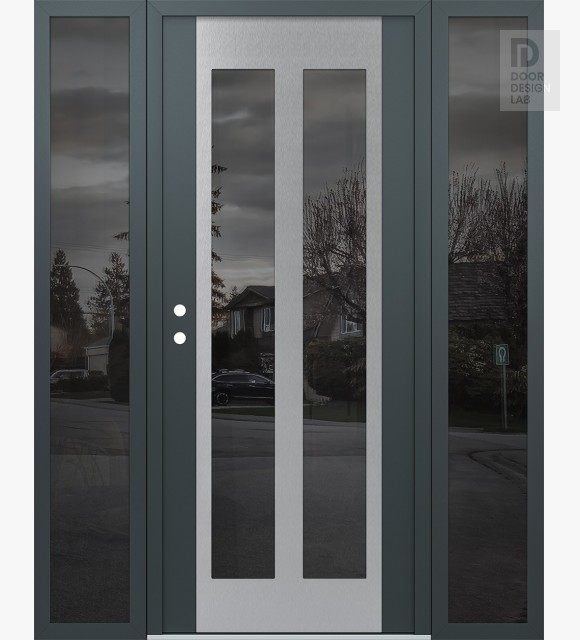 Modern Steel Front Door Diamond C14 64" x 80" anthracite/anthracite mirrored Glass Panel stainless steel RHI with 2 Sidelites mirrored Glass