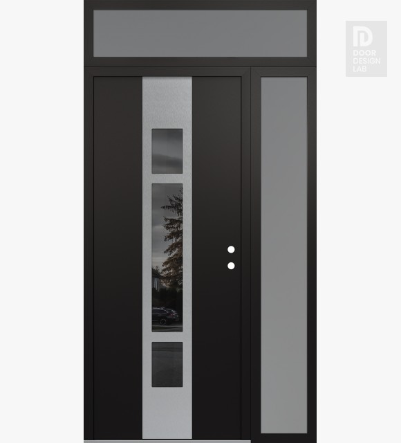Modern Steel Front Door DIAMOND A9 48" X 96" BLACK/BLACK MIRRORED GLASS PANEL STAINLESS STEEL LHI WITH SIDELITE AND TRANSOM FROSTED GLASS