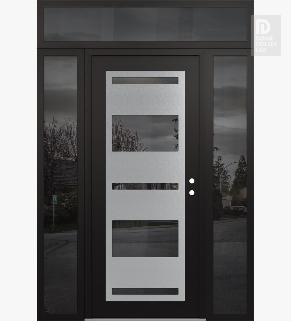Modern Steel Front Door Diamond C10 64" x 96" black/black mirrored Glass Panel stainless steel LHI with 2 Sidelites and Transom mirrored Glass