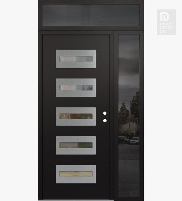 Modern Steel Front Door Diamond D4 50" x 96" black/black clear Glass Panel stainless steel LHI with Sidelite and Transom mirrored Glass