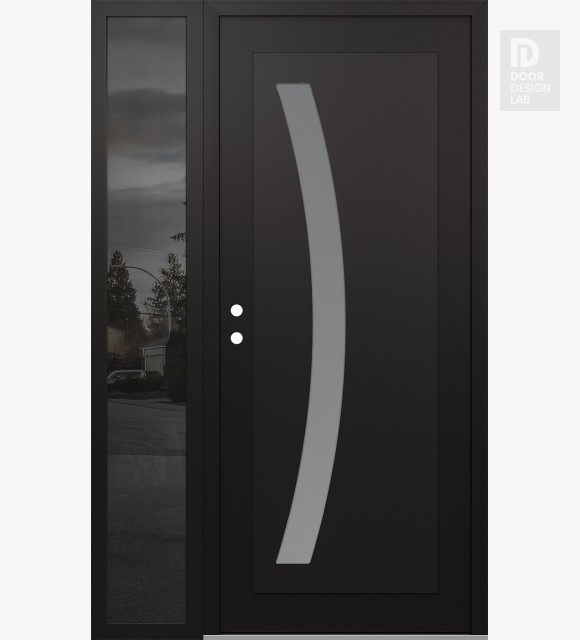 Modern Steel Front Door Diamond C4 48" x 80" black/white frosted Glass Panel black RHI with Sidelite mirrored Glass