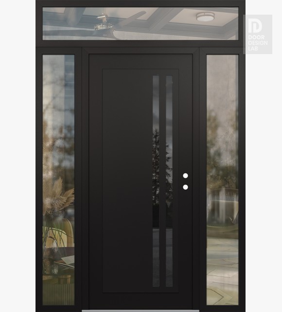 Modern Steel Front Door Diamond C6 60" x 96" black/black mirrored Glass Panel black LHI with 2 Sidelites and Transom clear Glass