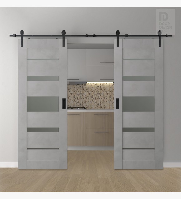 DOUBLE BARN DOOR AVON 07-03 VETRO LIGHT URBAN 36" X 80" X 1 3/4" BLACK HARDWARE