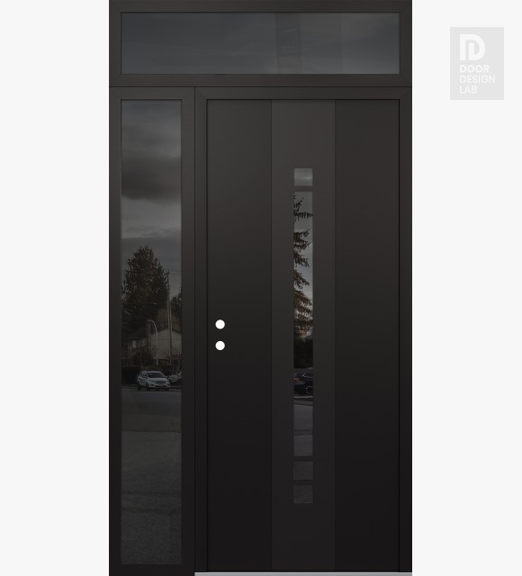 Modern Steel Front Door DIAMOND A3 50" X 96" BLACK/BLACK MIRRORED GLASS PANEL BLACK RHI WITH SIDELITE AND TRANSOM MIRRORED GLASS