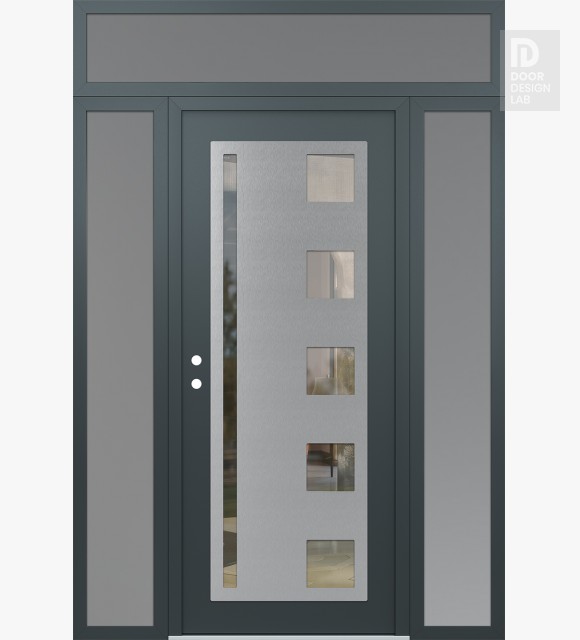 Modern Steel Front Door Diamond C3 64" x 96" anthracite/anthracite clear Glass Panel stainless steel RHI with 2 Sidelites and Transom frosted Glass