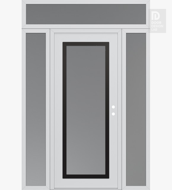 Modern Steel Front Door Diamond C1 68" x 96" white/white frosted Glass Panel black LHI with 2 Sidelites and Transom frosted Glass