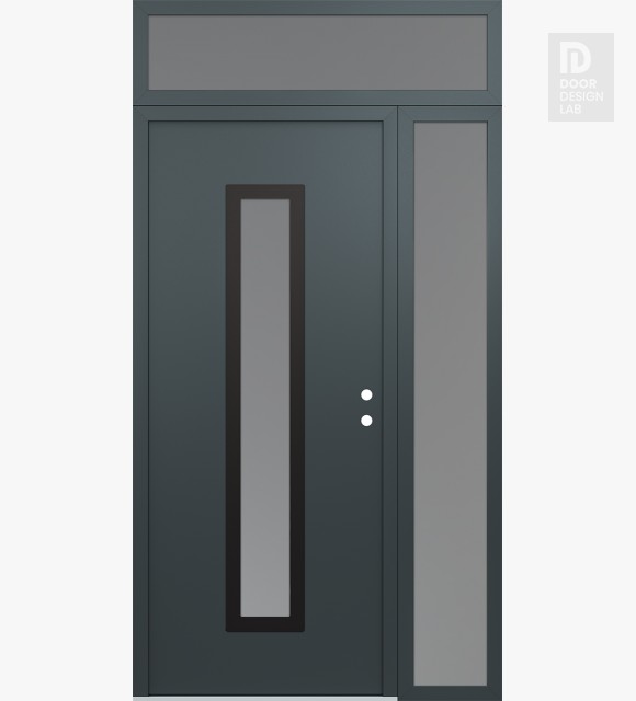 Modern Steel Front Door DIAMOND A11 50" X 96" ANTHRACITE/ANTHRACITE FROSTED GLASS PANEL BLACK LHI WITH SIDELITE AND TRANSOM FROSTED GLASS