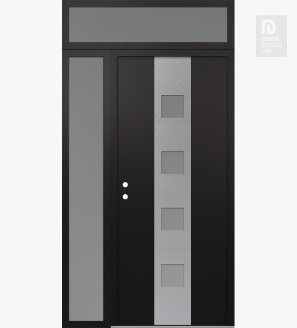 Modern Steel Front Door DIAMOND A12 50" X 96" BLACK/WHITE FROSTED GLASS PANEL STAINLESS STEEL RHI WITH SIDELITE AND TRANSOM FROSTED GLASS
