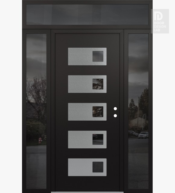 Modern Steel Front Door Diamond D2 64" x 96" black/black mirrored Glass Panel stainless steel LHI with 2 Sidelites and Transom mirrored Glass