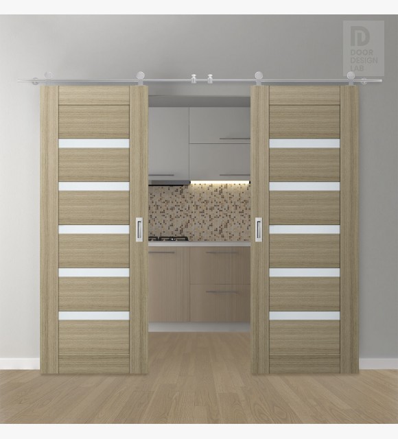 DOUBLE BARN DOOR AVON 07-04 VETRO SHAMBOR 56" X 84" X 1 3/4" STAINLESS STEEL HARDWARE