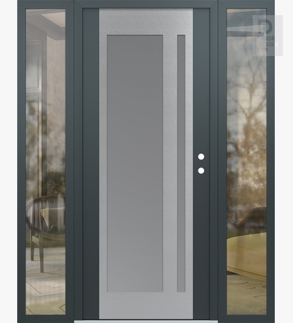 Modern Steel Front Door Diamond C15 60" x 80" anthracite/anthracite frosted Glass Panel stainless steel LHI with 2 Sidelites clear Glass