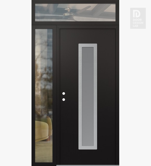 Modern Steel Front Door DIAMOND A11 48" X 96" BLACK/WHITE FROSTED GLASS PANEL STAINLESS STEEL RHI WITH SIDELITE AND TRANSOM CLEAR GLASS