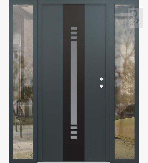 Modern Steel Front Door DIAMOND A5 64" X 80" ANTHRACITE/ANTHRACITE FROSTED GLASS PANEL BLACK LHI WITH 2 SIDELITES CLEAR GLASS
