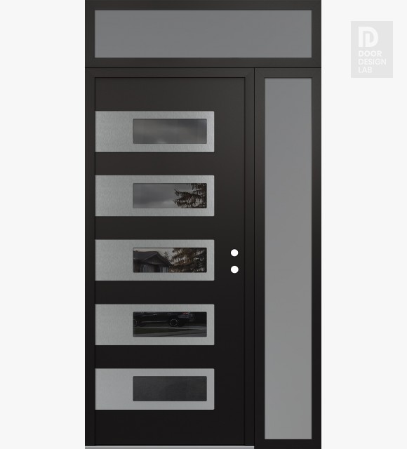 Modern Steel Front Door Diamond D3 50" x 96" black/black mirrored Glass Panel stainless steel LHI with Sidelite and Transom frosted Glass