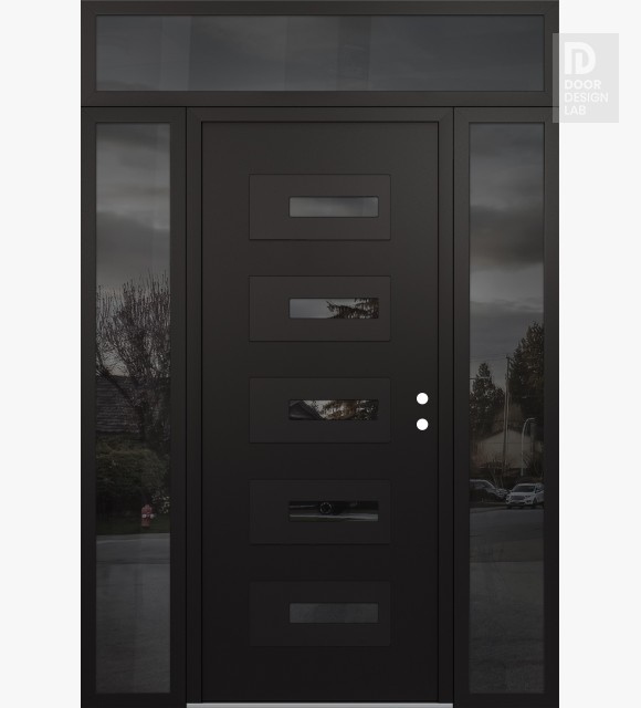 Modern Steel Front Door Diamond D6 60" x 96" black/black mirrored Glass Panel black LHI with 2 Sidelites and Transom mirrored Glass