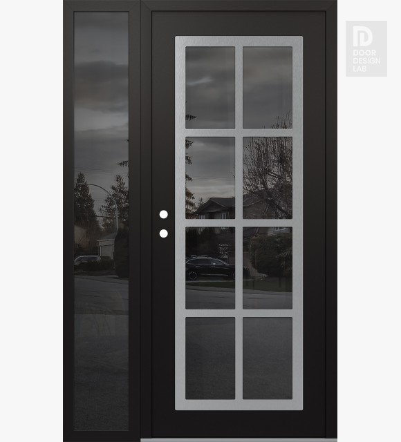 Modern Steel Front Door Diamond C16 48" x 80" black/black mirrored Glass Panel stainless steel RHI with Sidelite mirrored Glass